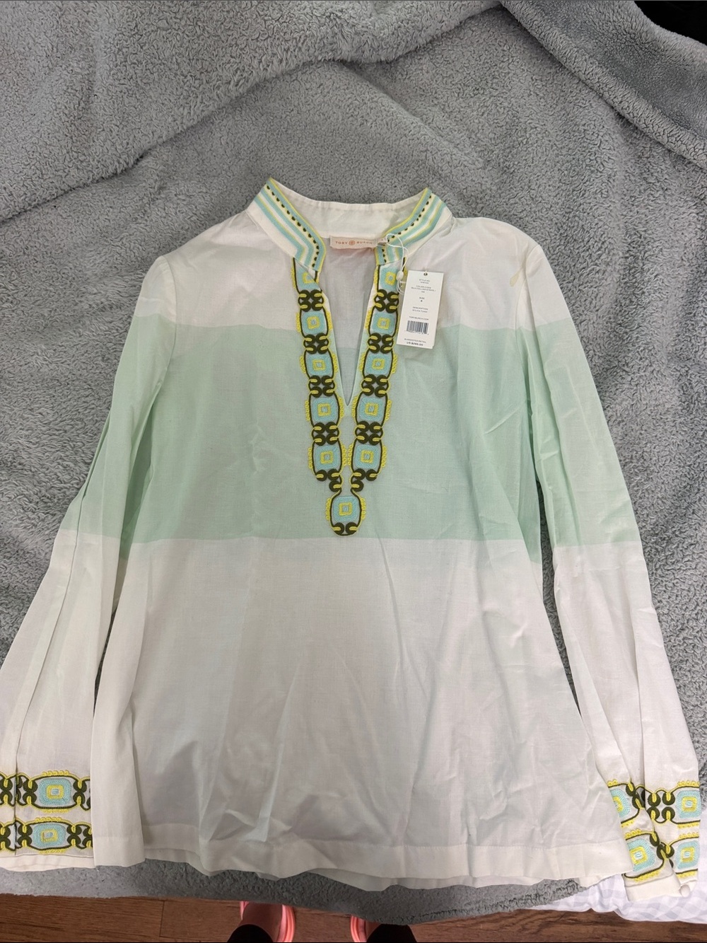 Tory Burch Embroidered Mint & White Tunic Top